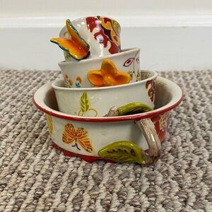 Ceramic Floral Measuring Cup Set with Leaf Handles - Multicolor